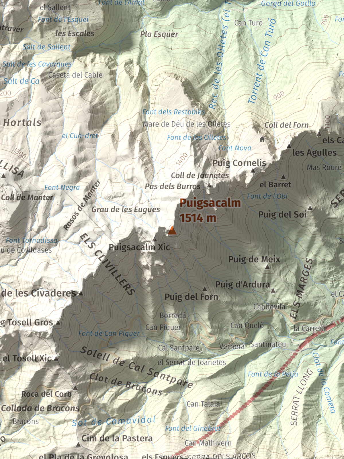 Mapa de relieve de Puigsacalm, 1514 m, Garrotxa, lámina 100 Cims de Trobart. Detalle de la zona central. 30 × 40 cm.