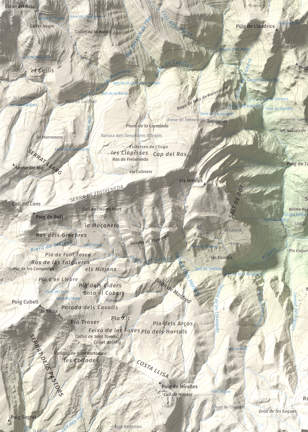 Mapa de relieve de Puigsacalm, 1514 m, Garrotxa, lámina 100 Cims de Trobart. Detalle de la zona superior izquierda. 50 × 70 cm.