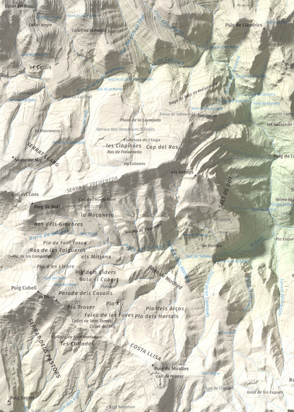 Mapa de relieve de Puigsacalm, 1514 m, Garrotxa, lámina 100 Cims de Trobart. Detalle de la zona superior izquierda. 50 × 70 cm.