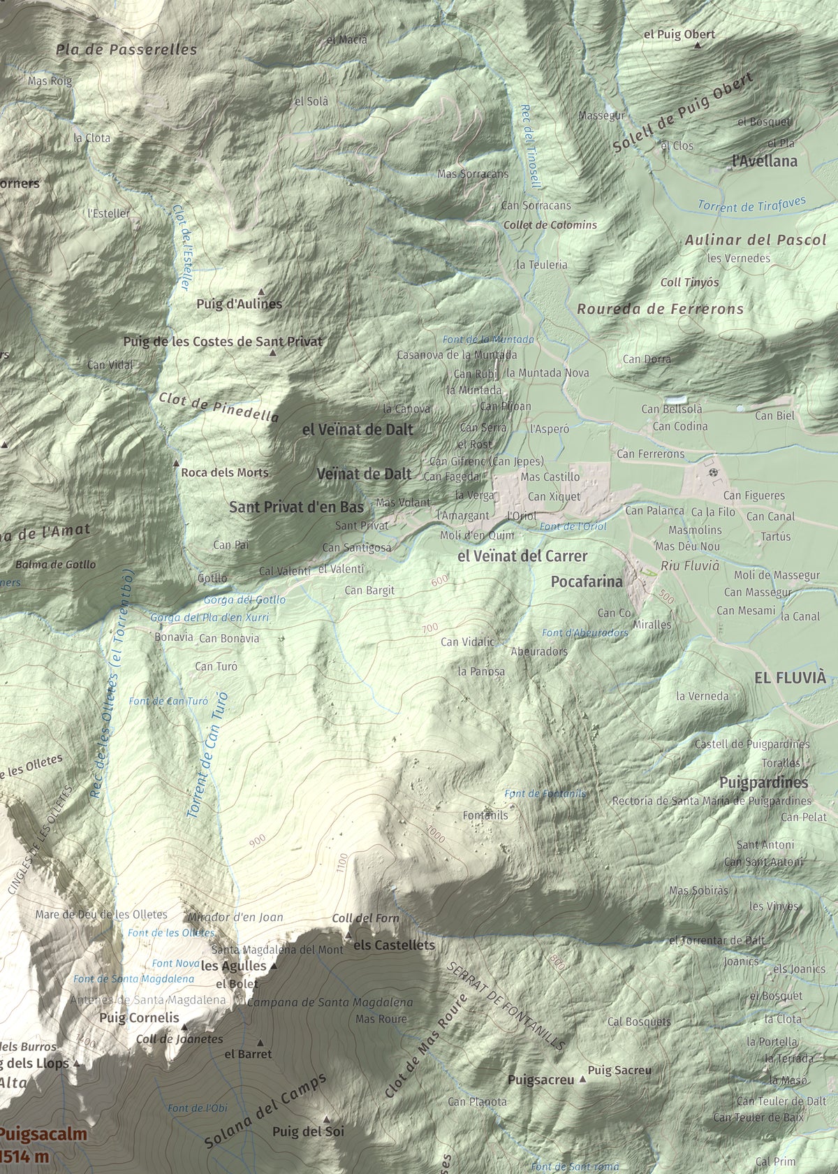 Mapa de relieve de Puigsacalm, 1514 m, Garrotxa, lámina 100 Cims de Trobart. Detalle de la zona superior derecha. 50 × 70 cm.