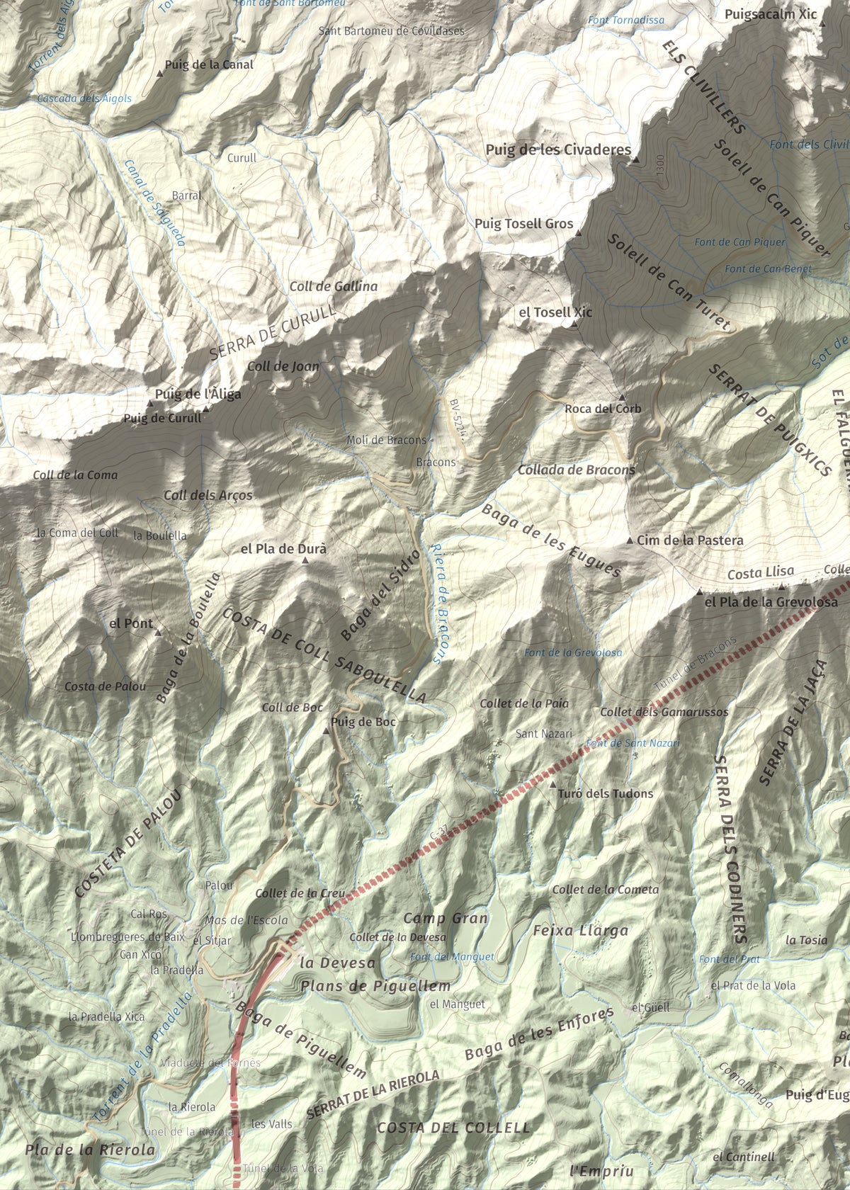Mapa de relieve de Puigsacalm, 1514 m, Garrotxa, lámina 100 Cims de Trobart. Detalle de la zona inferior izquierda. 50 × 70 cm.