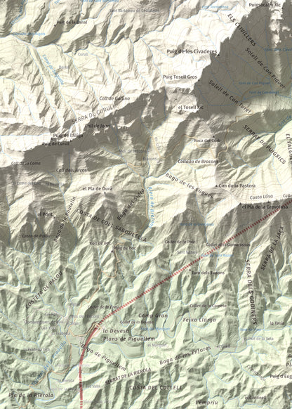 Mapa de relieve de Puigsacalm, 1514 m, Garrotxa, lámina 100 Cims de Trobart. Detalle de la zona inferior izquierda. 50 × 70 cm.
