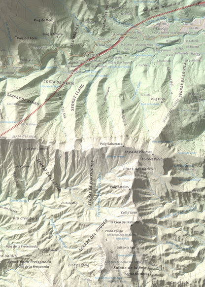 Mapa de relieve de Puigsacalm, 1514 m, Garrotxa, lámina 100 Cims de Trobart. Detalle de la zona inferior derecha. 50 × 70 cm.