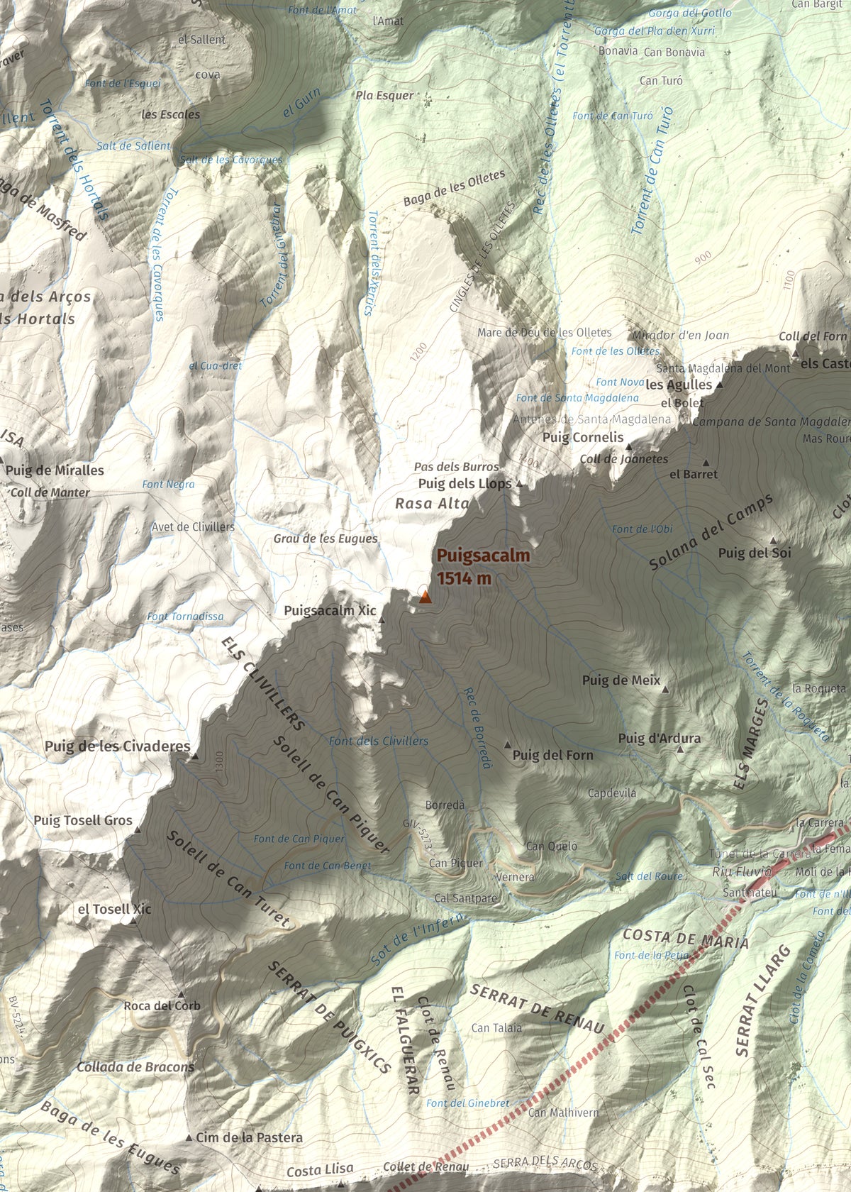 Mapa de relieve de Puigsacalm, 1514 m, Garrotxa, lámina 100 Cims de Trobart. Detalle de la zona central. 50 × 70 cm.