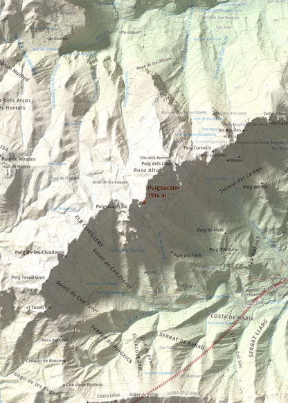 Mapa de relieve de Puigsacalm, 1514 m, Garrotxa, lámina 100 Cims de Trobart. Detalle de la zona central. 50 × 70 cm.