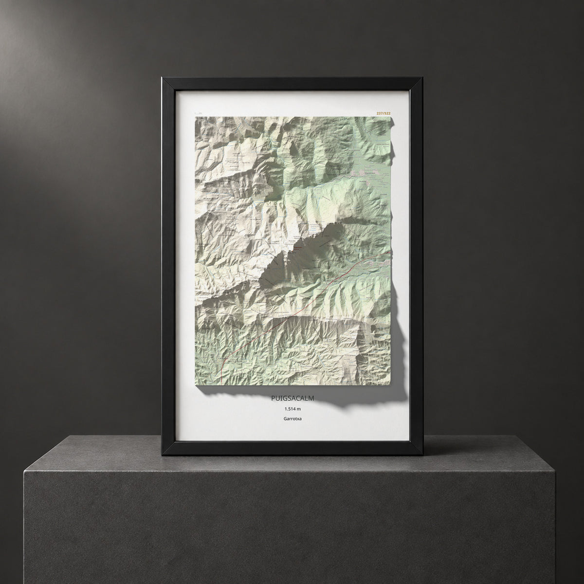 Mapa de relieve de Puigsacalm, 1514 m, Garrotxa, lámina 100 Cims de Trobart. Presentación enmarcada. 61 × 91 cm.