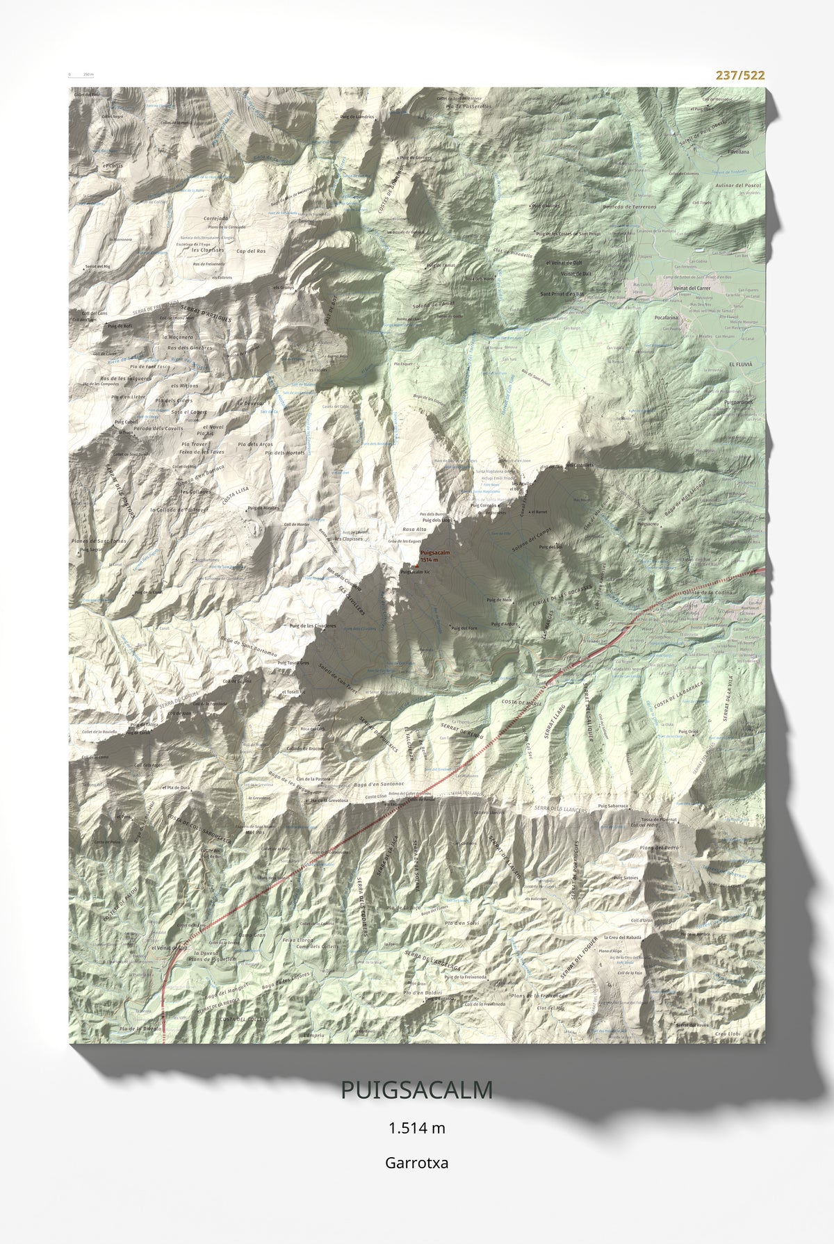 Mapa de relieve de Puigsacalm, 1514 m, Garrotxa, lámina 100 Cims de Trobart 61 × 91 cm.