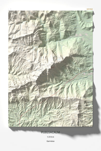 Mapa de relieve de Puigsacalm, 1514 m, Garrotxa, lámina 100 Cims de Trobart 61 × 91 cm.