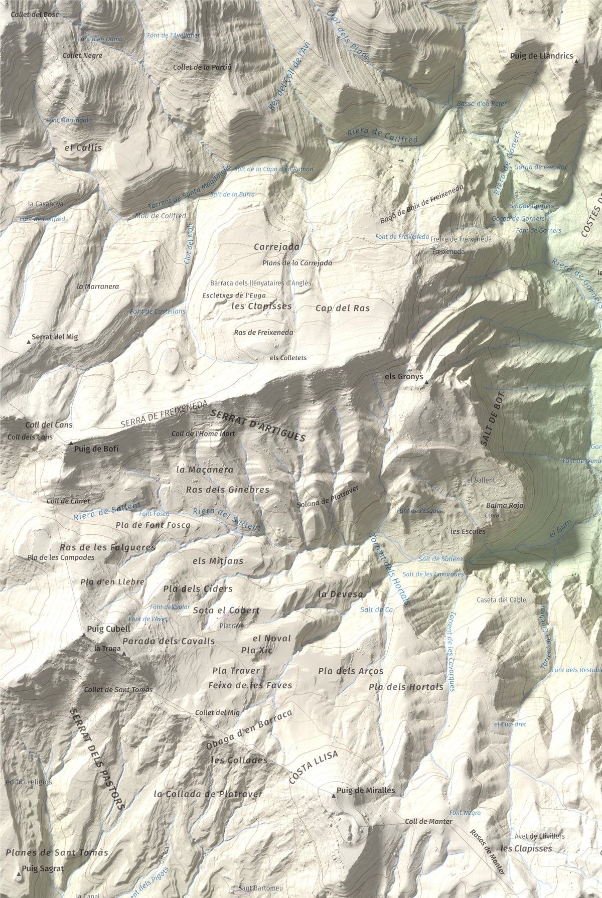 Mapa de relieve de Puigsacalm, 1514 m, Garrotxa, lámina 100 Cims de Trobart. Detalle de la zona superior izquierda. 61 × 91 cm.