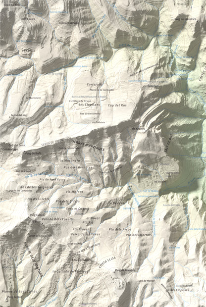 Mapa de relieve de Puigsacalm, 1514 m, Garrotxa, lámina 100 Cims de Trobart. Detalle de la zona superior izquierda. 61 × 91 cm.