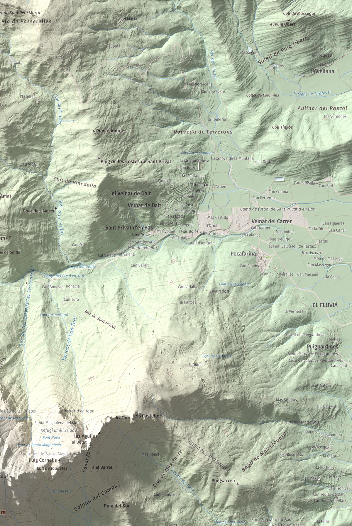 Mapa de relieve de Puigsacalm, 1514 m, Garrotxa, lámina 100 Cims de Trobart. Detalle de la zona superior derecha. 61 × 91 cm.