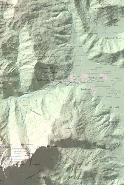 Mapa de relieve de Puigsacalm, 1514 m, Garrotxa, lámina 100 Cims de Trobart. Detalle de la zona superior derecha. 61 × 91 cm.