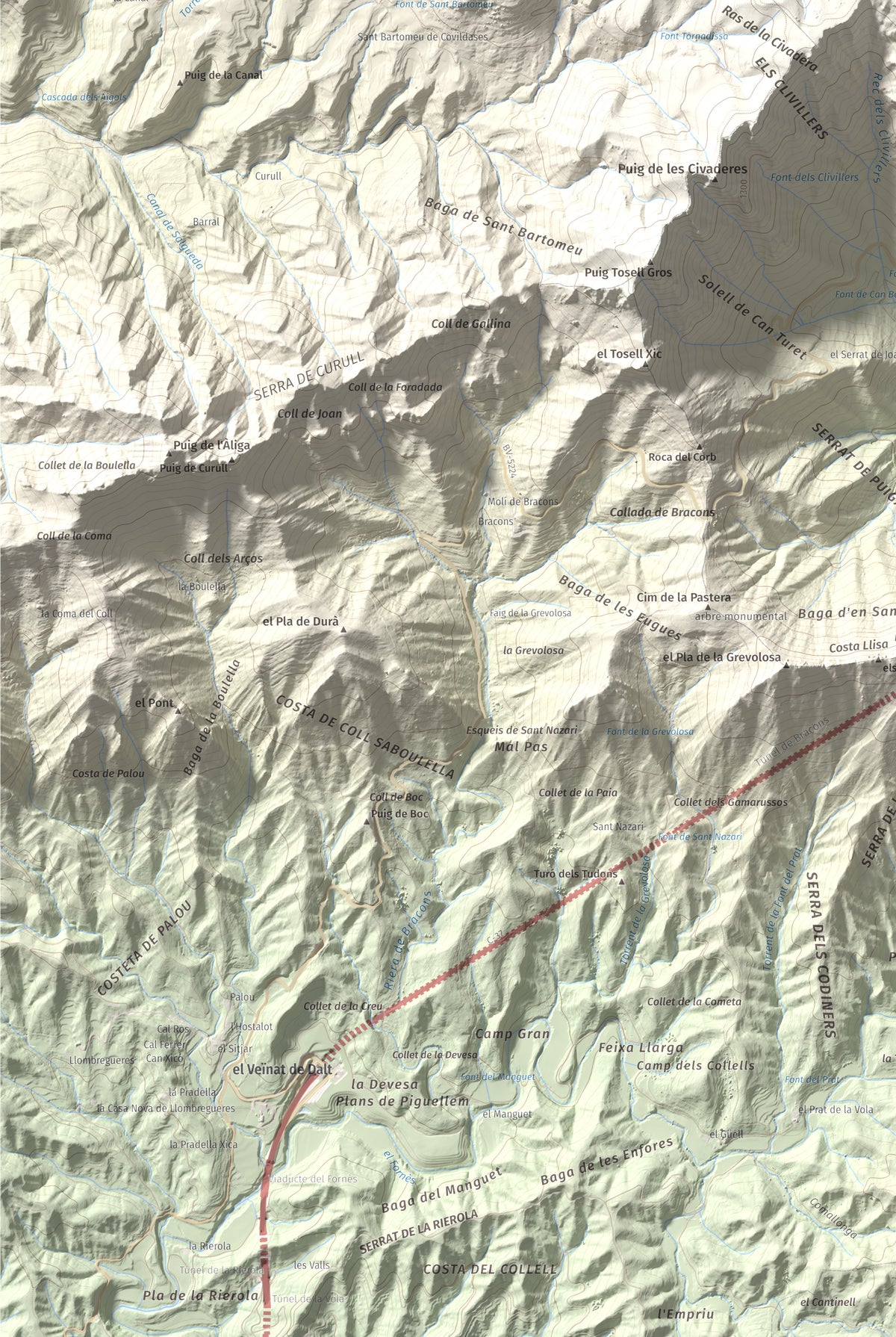 Mapa de relieve de Puigsacalm, 1514 m, Garrotxa, lámina 100 Cims de Trobart. Detalle de la zona inferior izquierda. 61 × 91 cm.