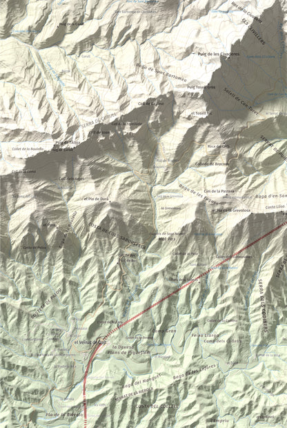 Mapa de relieve de Puigsacalm, 1514 m, Garrotxa, lámina 100 Cims de Trobart. Detalle de la zona inferior izquierda. 61 × 91 cm.
