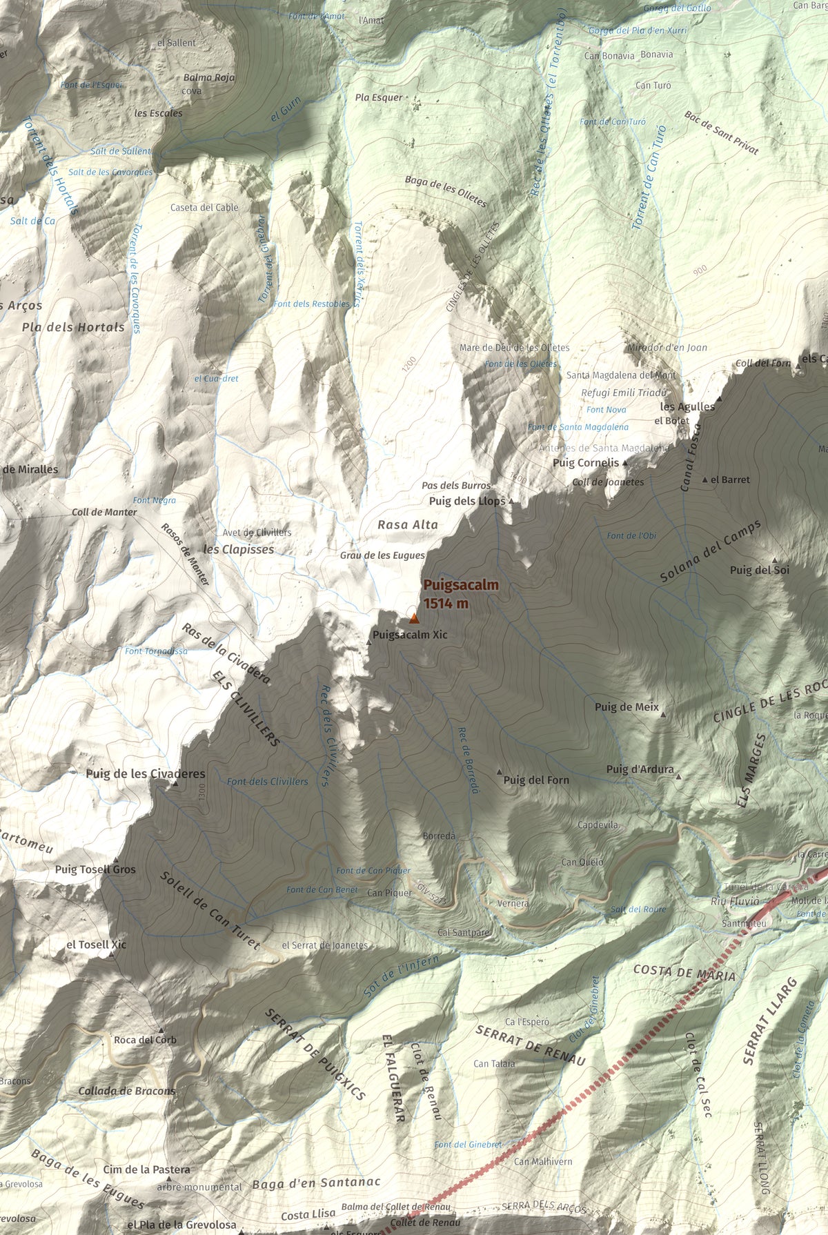 Mapa de relieve de Puigsacalm, 1514 m, Garrotxa, lámina 100 Cims de Trobart. Detalle de la zona central. 61 × 91 cm.
