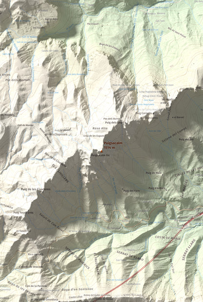 Mapa de relieve de Puigsacalm, 1514 m, Garrotxa, lámina 100 Cims de Trobart. Detalle de la zona central. 61 × 91 cm.
