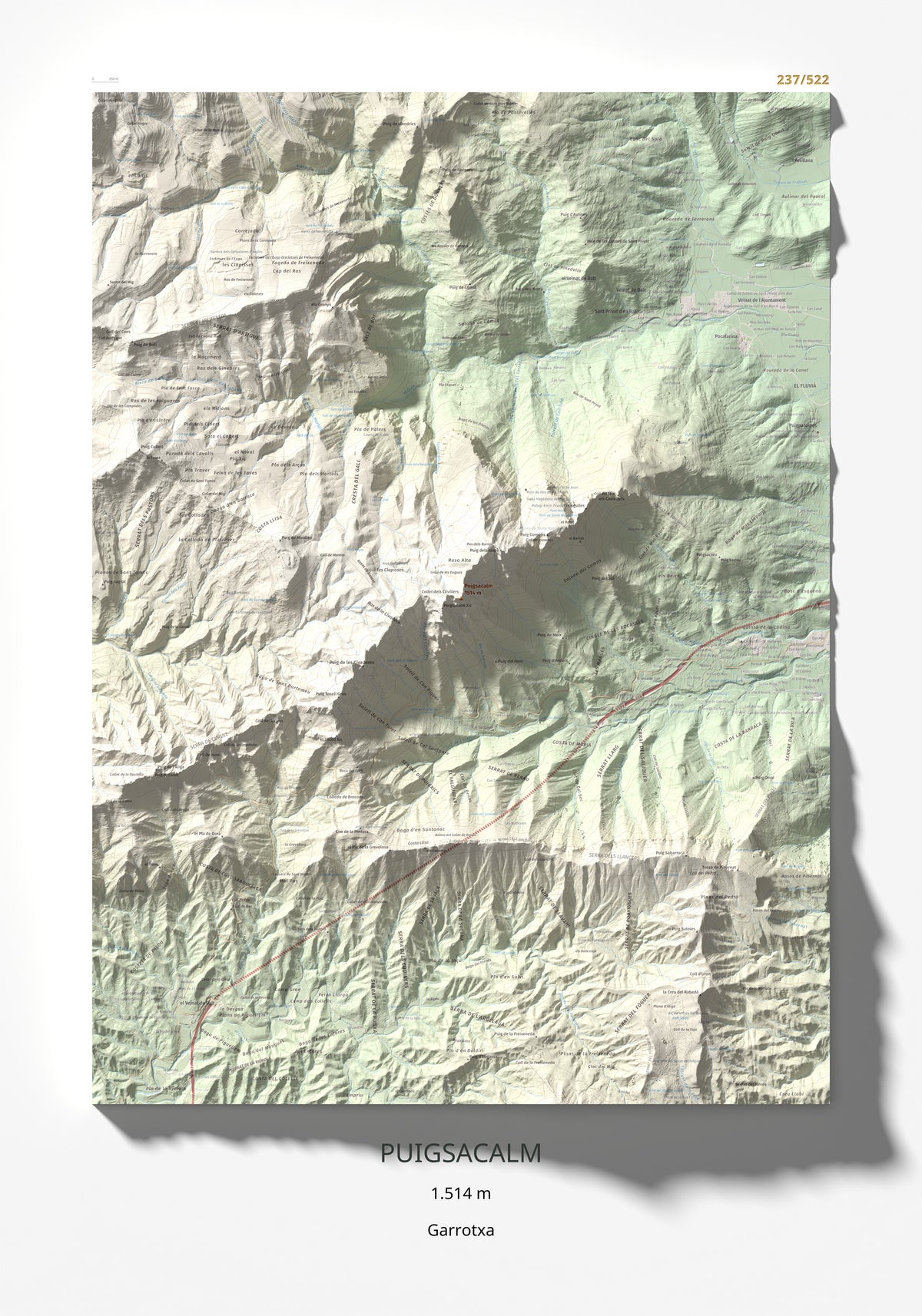 Mapa de relieve de Puigsacalm, 1514 m, Garrotxa, lámina 100 Cims de Trobart 70 × 100 cm.