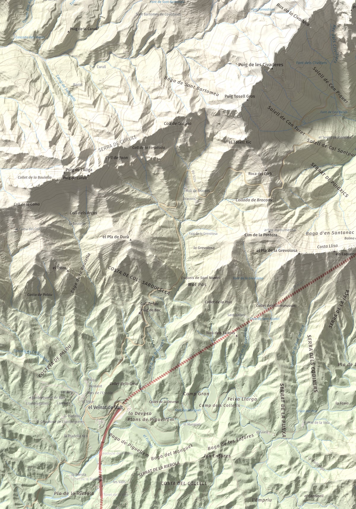 Mapa de relieve de Puigsacalm, 1514 m, Garrotxa, lámina 100 Cims de Trobart. Detalle de la zona inferior izquierda. 70 × 100 cm.