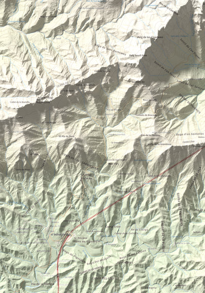 Mapa de relieve de Puigsacalm, 1514 m, Garrotxa, lámina 100 Cims de Trobart. Detalle de la zona inferior izquierda. 70 × 100 cm.