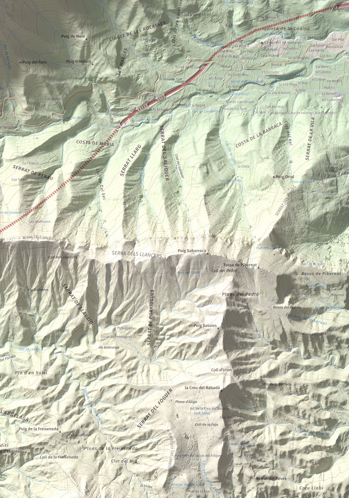 Mapa de relieve de Puigsacalm, 1514 m, Garrotxa, lámina 100 Cims de Trobart. Detalle de la zona inferior derecha. 70 × 100 cm.