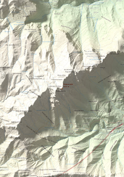 Mapa de relieve de Puigsacalm, 1514 m, Garrotxa, lámina 100 Cims de Trobart. Detalle de la zona central. 70 × 100 cm.