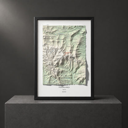 Mapa de relieve de Puigsallança, 1027 m, Garrotxa, lámina 100 Cims de Trobart. Presentación enmarcada. 21 × 30 cm.