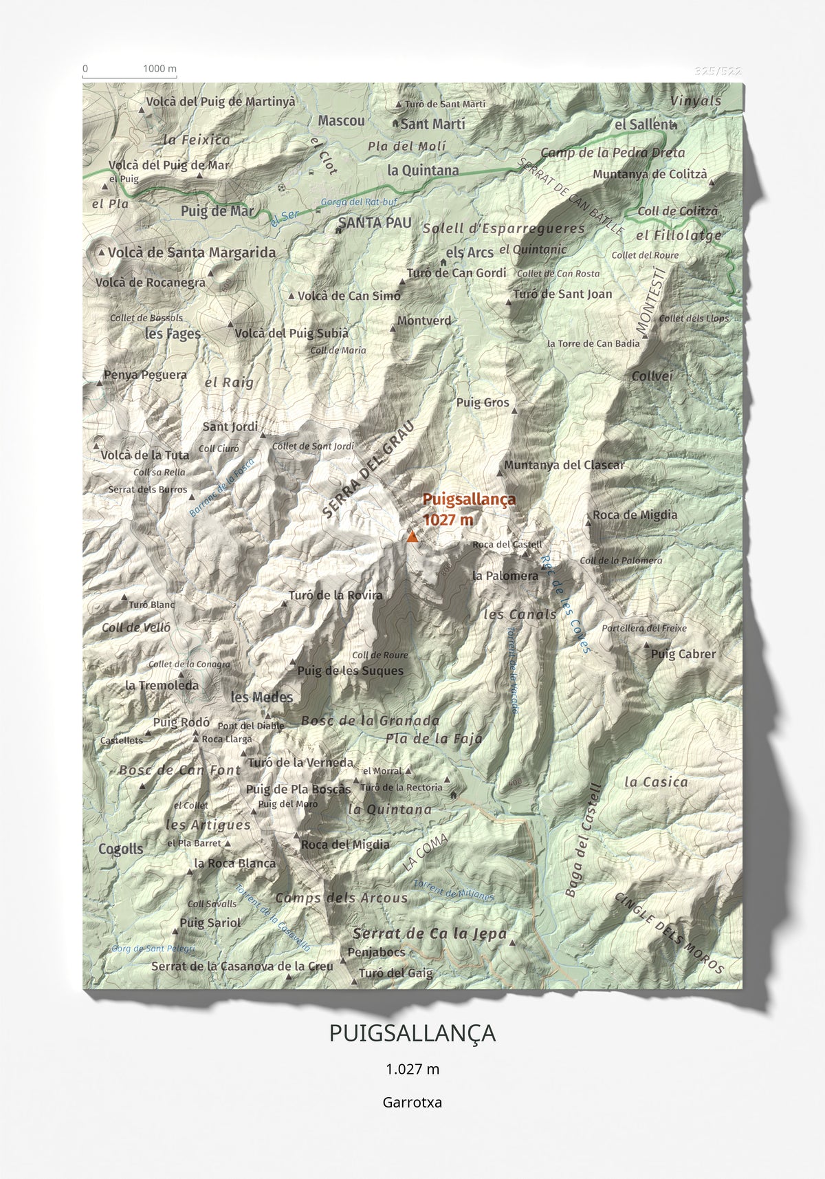 Mapa de relieve de Puigsallança, 1027 m, Garrotxa, lámina 100 Cims de Trobart 21 × 30 cm.