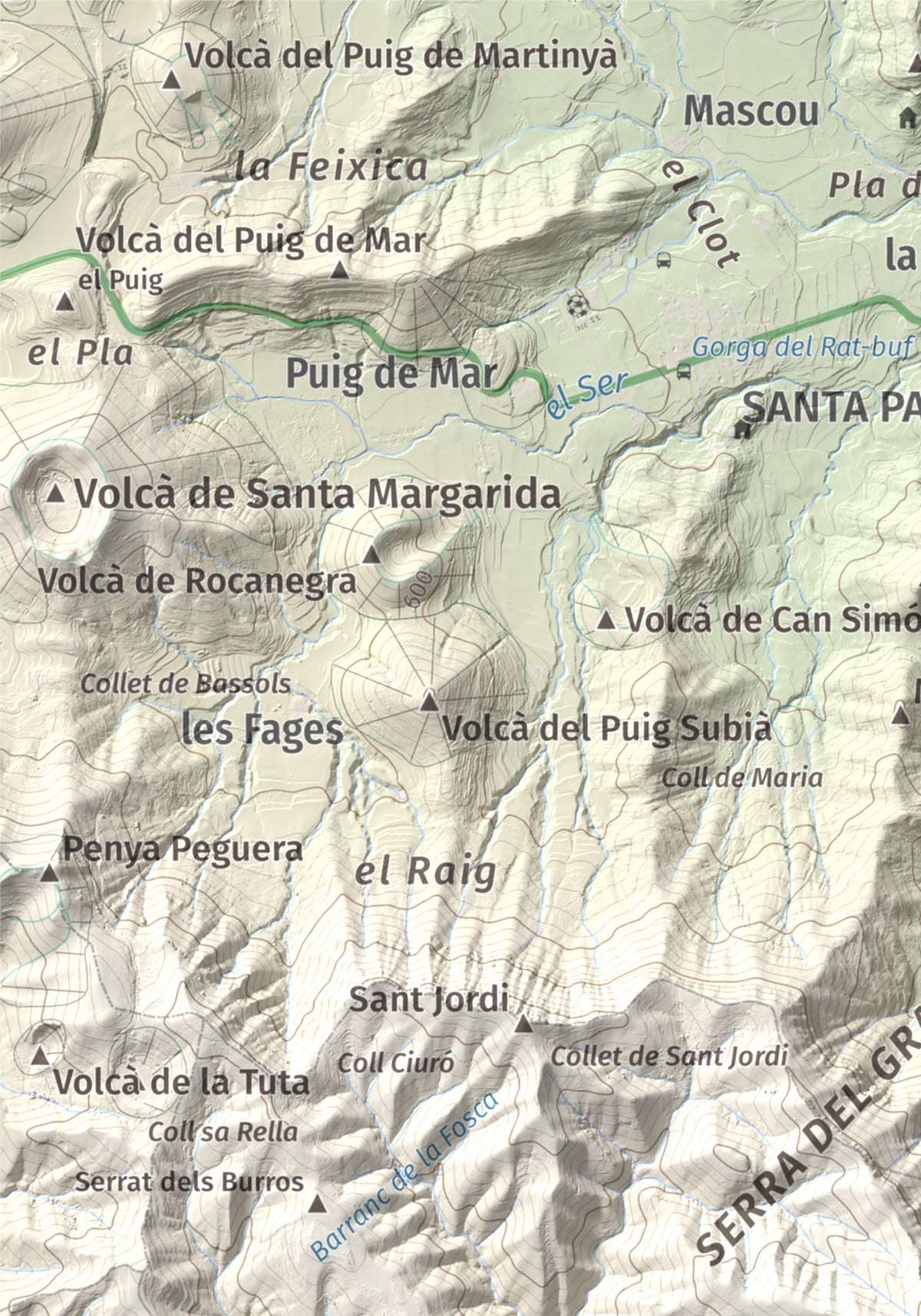 Mapa de relieve de Puigsallança, 1027 m, Garrotxa, lámina 100 Cims de Trobart. Detalle de la zona superior izquierda. 21 × 30 cm.