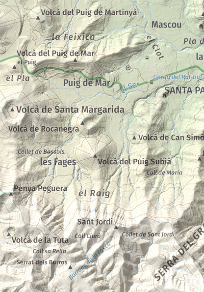 Mapa de relieve de Puigsallança, 1027 m, Garrotxa, lámina 100 Cims de Trobart. Detalle de la zona superior izquierda. 21 × 30 cm.