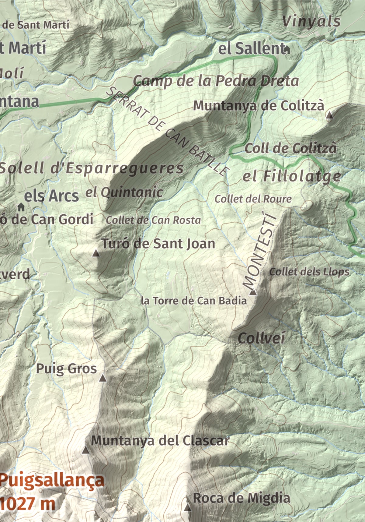Mapa de relieve de Puigsallança, 1027 m, Garrotxa, lámina 100 Cims de Trobart. Detalle de la zona superior derecha. 21 × 30 cm.