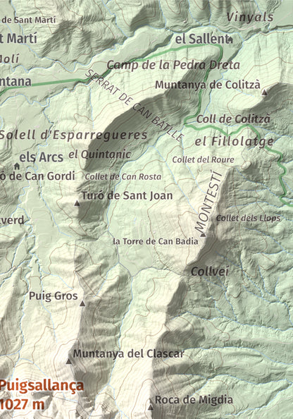 Mapa de relieve de Puigsallança, 1027 m, Garrotxa, lámina 100 Cims de Trobart. Detalle de la zona superior derecha. 21 × 30 cm.