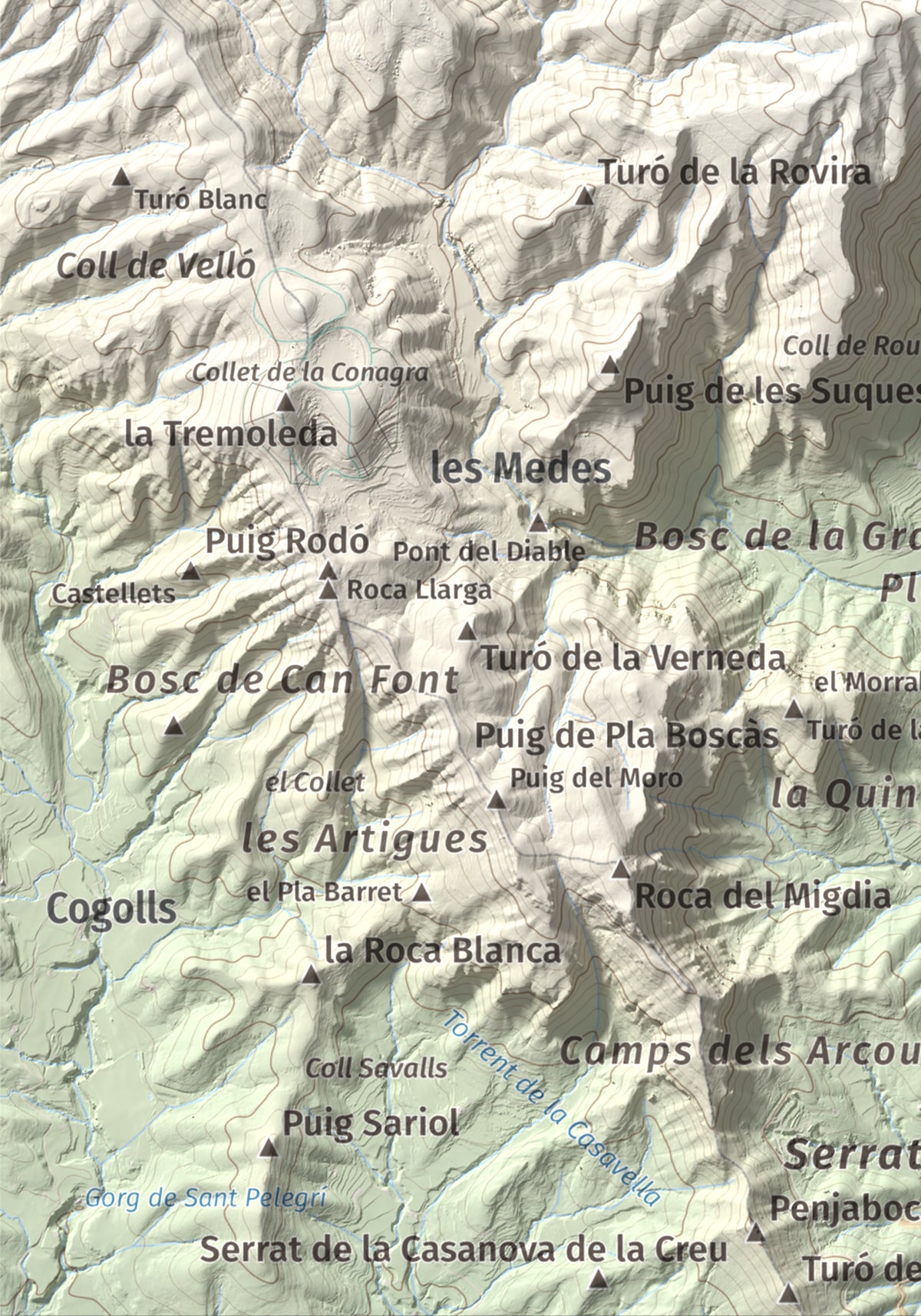 Mapa de relieve de Puigsallança, 1027 m, Garrotxa, lámina 100 Cims de Trobart. Detalle de la zona inferior izquierda. 21 × 30 cm.