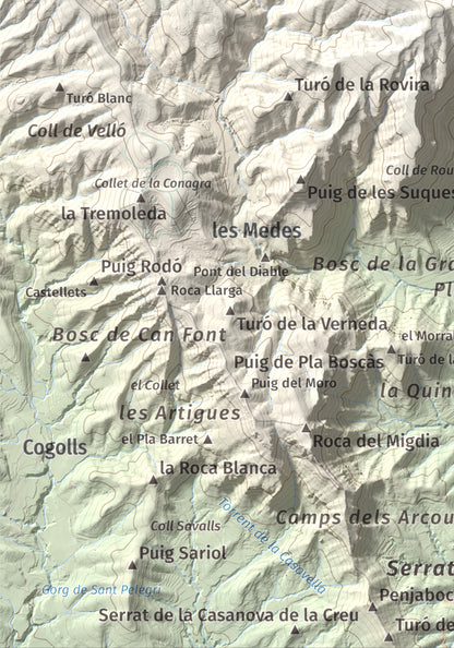 Mapa de relieve de Puigsallança, 1027 m, Garrotxa, lámina 100 Cims de Trobart. Detalle de la zona inferior izquierda. 21 × 30 cm.