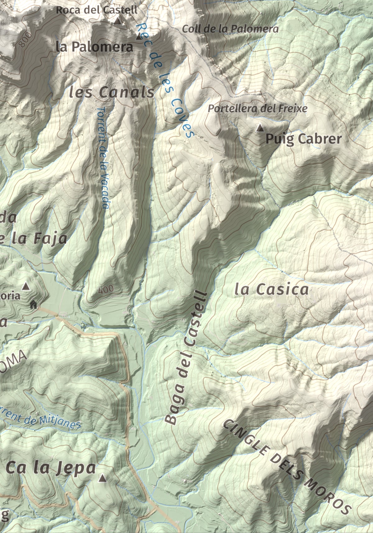 Mapa de relieve de Puigsallança, 1027 m, Garrotxa, lámina 100 Cims de Trobart. Detalle de la zona inferior derecha. 21 × 30 cm.
