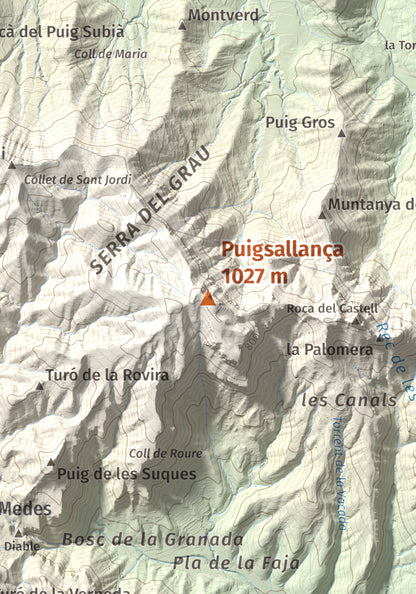 Mapa de relieve de Puigsallança, 1027 m, Garrotxa, lámina 100 Cims de Trobart. Detalle de la zona central. 21 × 30 cm.