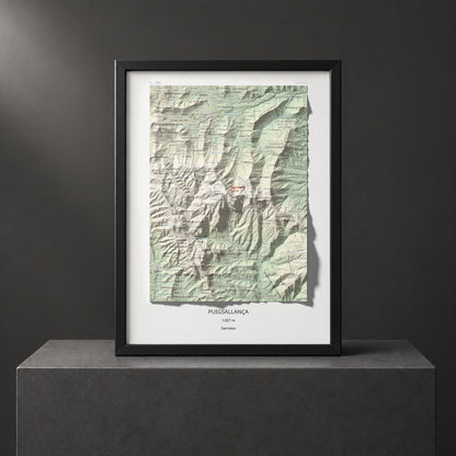 Mapa de relieve de Puigsallança, 1027 m, Garrotxa, lámina 100 Cims de Trobart. Presentación enmarcada. 30 × 40 cm.