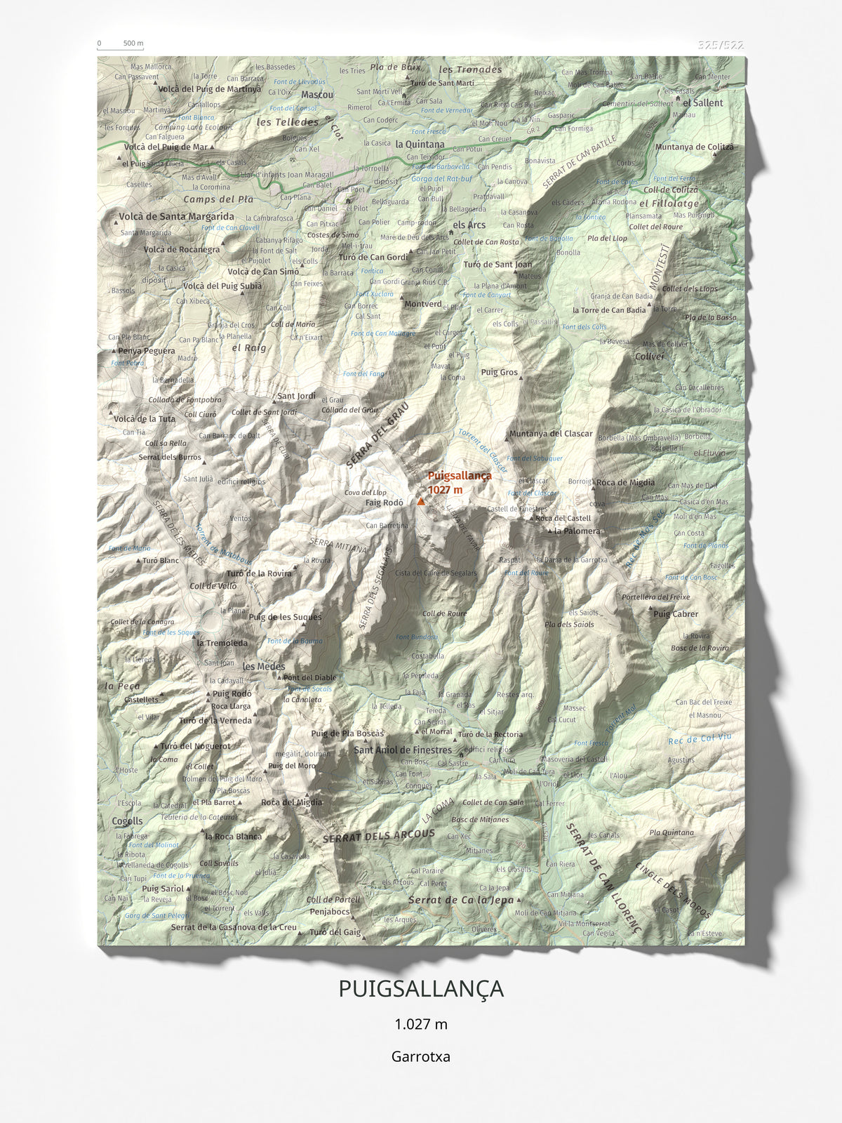 Mapa de relieve de Puigsallança, 1027 m, Garrotxa, lámina 100 Cims de Trobart 30 × 40 cm.