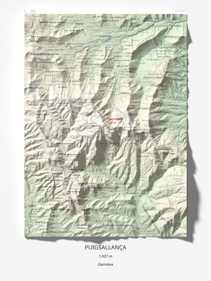 Mapa de relieve de Puigsallança, 1027 m, Garrotxa, lámina 100 Cims de Trobart 30 × 40 cm.