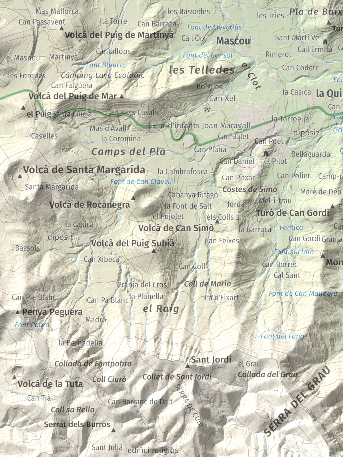 Mapa de relieve de Puigsallança, 1027 m, Garrotxa, lámina 100 Cims de Trobart. Detalle de la zona superior izquierda. 30 × 40 cm.