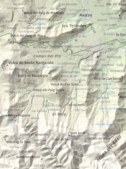 Mapa de relieve de Puigsallança, 1027 m, Garrotxa, lámina 100 Cims de Trobart. Detalle de la zona superior izquierda. 30 × 40 cm.