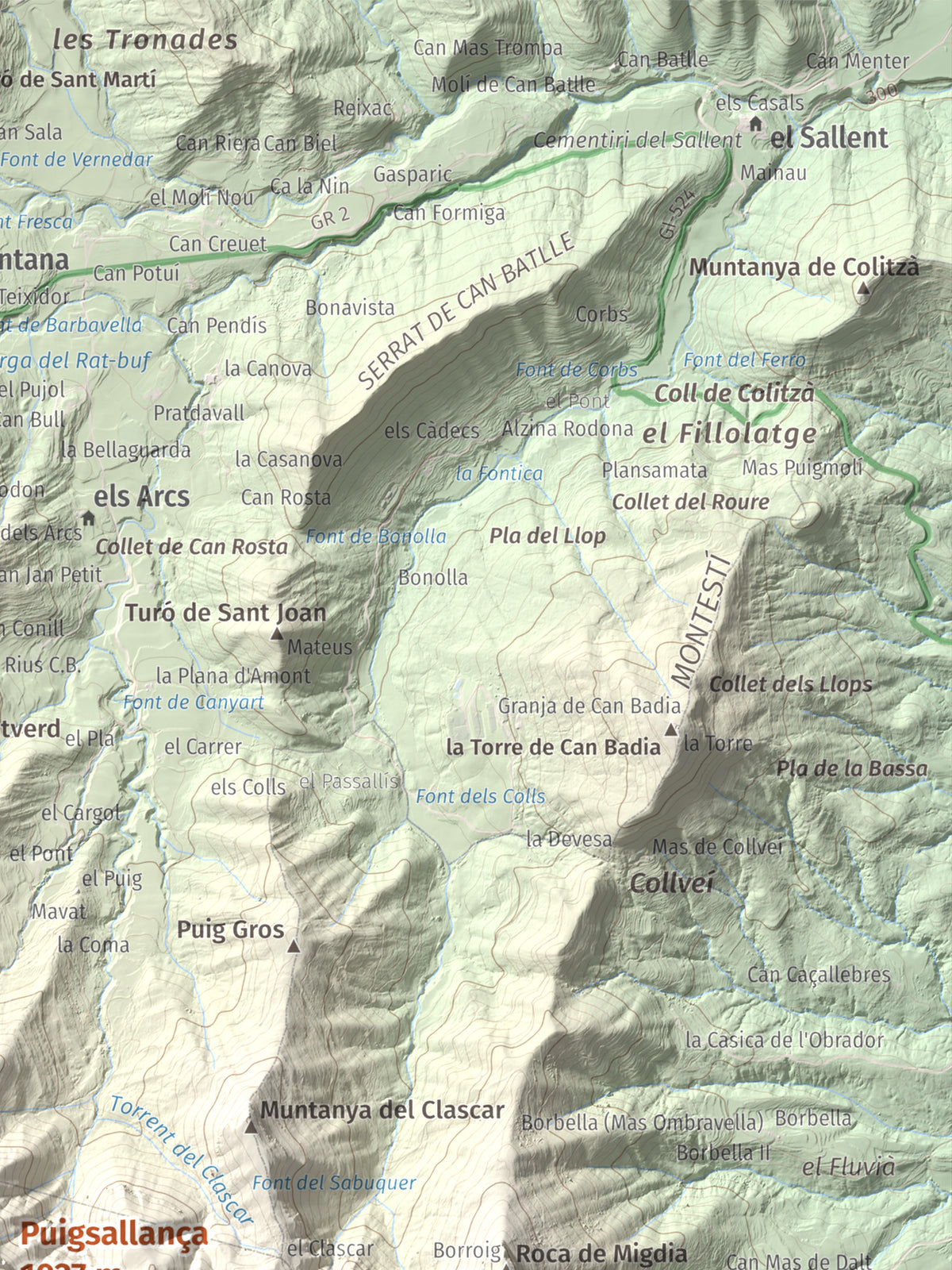 Mapa de relieve de Puigsallança, 1027 m, Garrotxa, lámina 100 Cims de Trobart. Detalle de la zona superior derecha. 30 × 40 cm.