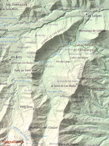 Mapa de relieve de Puigsallança, 1027 m, Garrotxa, lámina 100 Cims de Trobart. Detalle de la zona superior derecha. 30 × 40 cm.