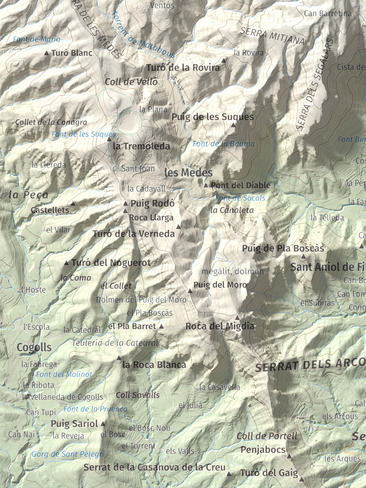 Mapa de relieve de Puigsallança, 1027 m, Garrotxa, lámina 100 Cims de Trobart. Detalle de la zona inferior izquierda. 30 × 40 cm.