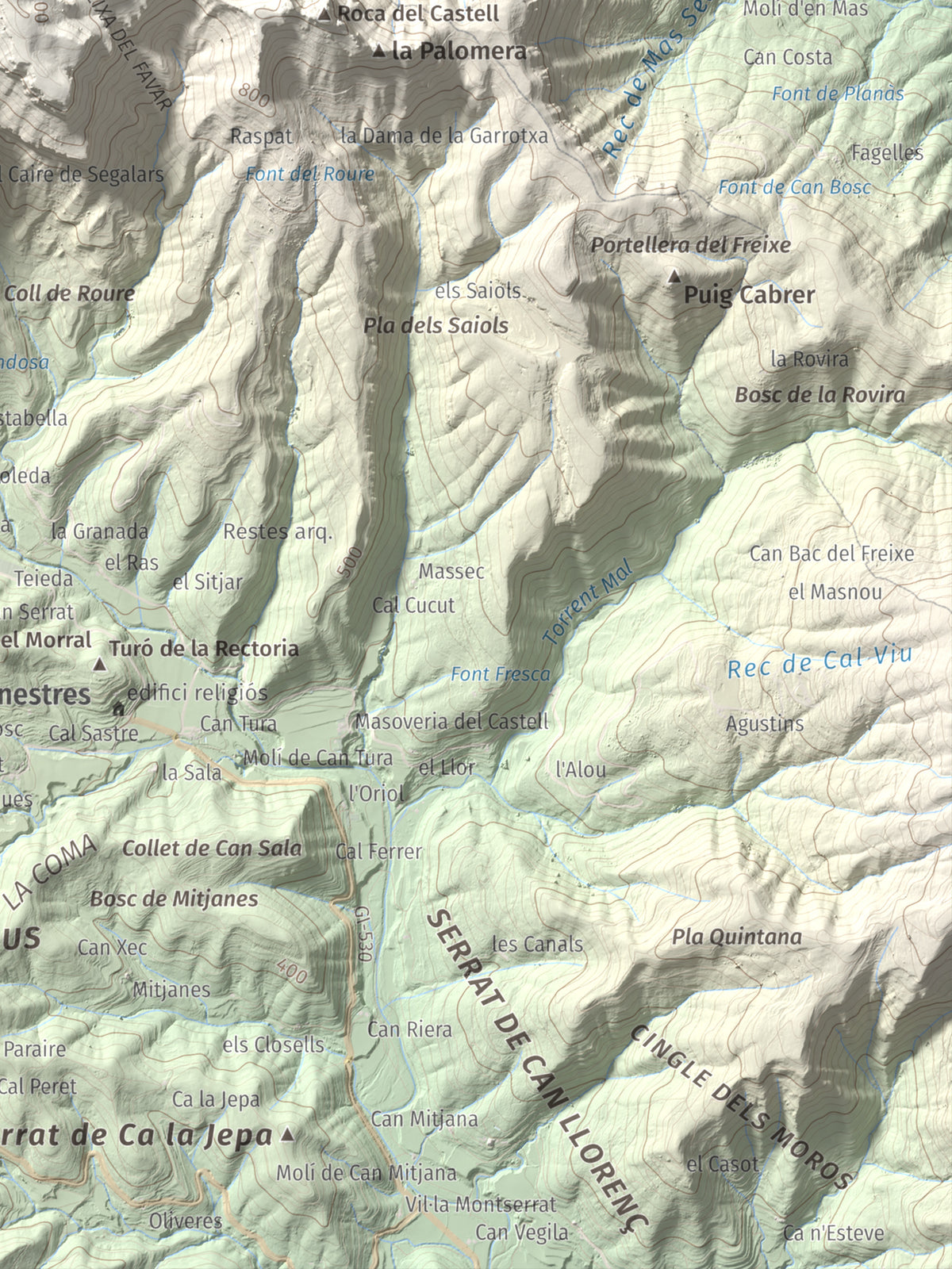 Mapa de relieve de Puigsallança, 1027 m, Garrotxa, lámina 100 Cims de Trobart. Detalle de la zona inferior derecha. 30 × 40 cm.