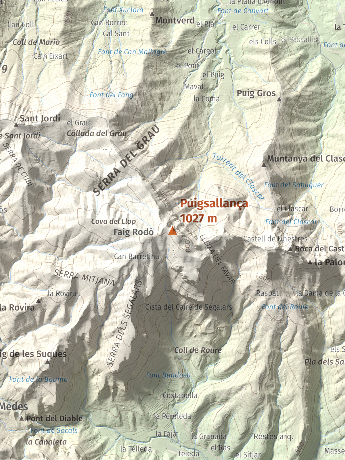 Mapa de relieve de Puigsallança, 1027 m, Garrotxa, lámina 100 Cims de Trobart. Detalle de la zona central. 30 × 40 cm.