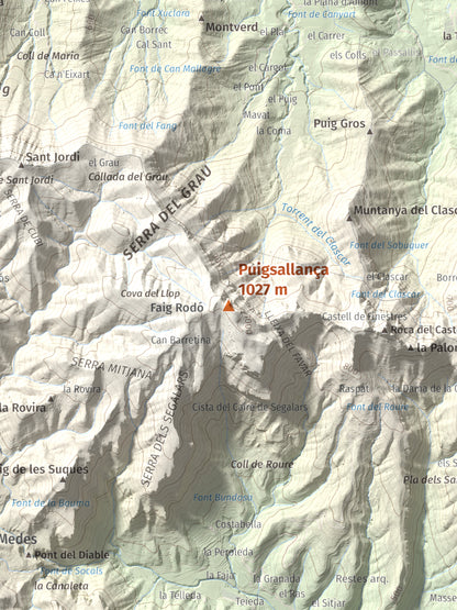 Mapa de relieve de Puigsallança, 1027 m, Garrotxa, lámina 100 Cims de Trobart. Detalle de la zona central. 30 × 40 cm.