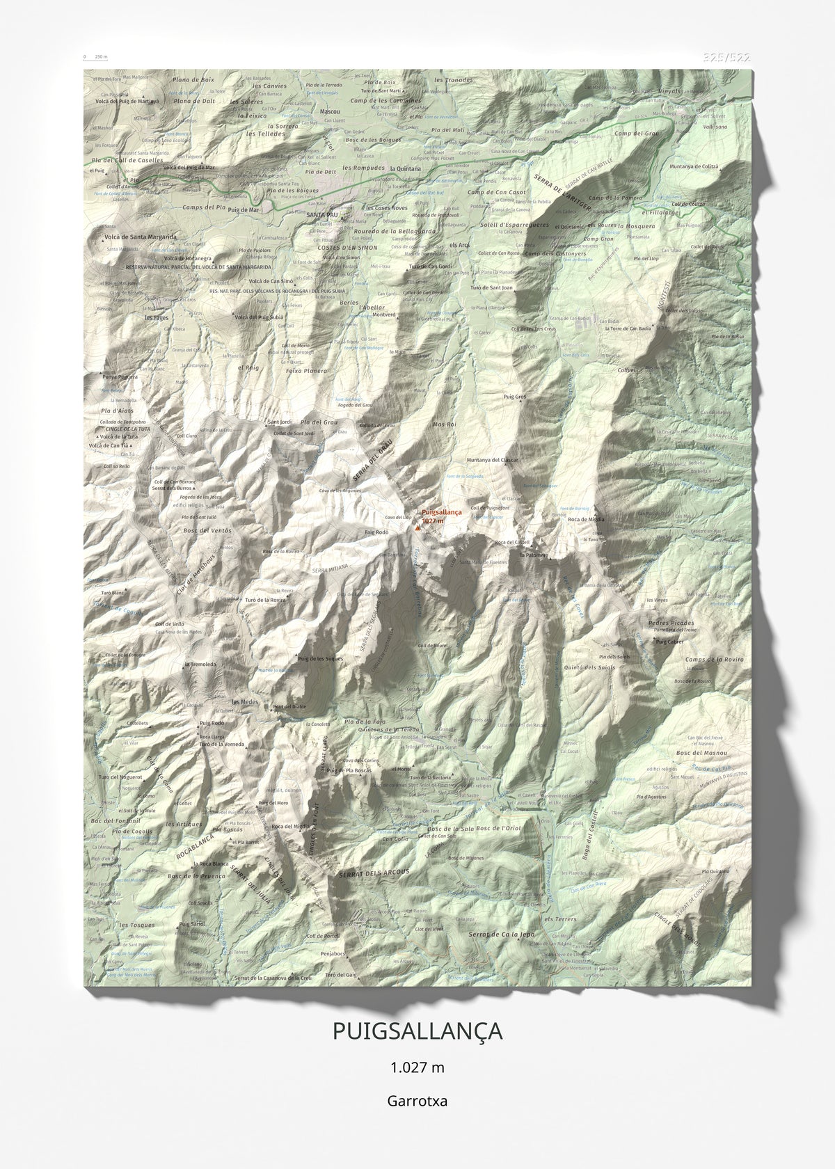 Mapa de relieve de Puigsallança, 1027 m, Garrotxa, lámina 100 Cims de Trobart 50 × 70 cm.