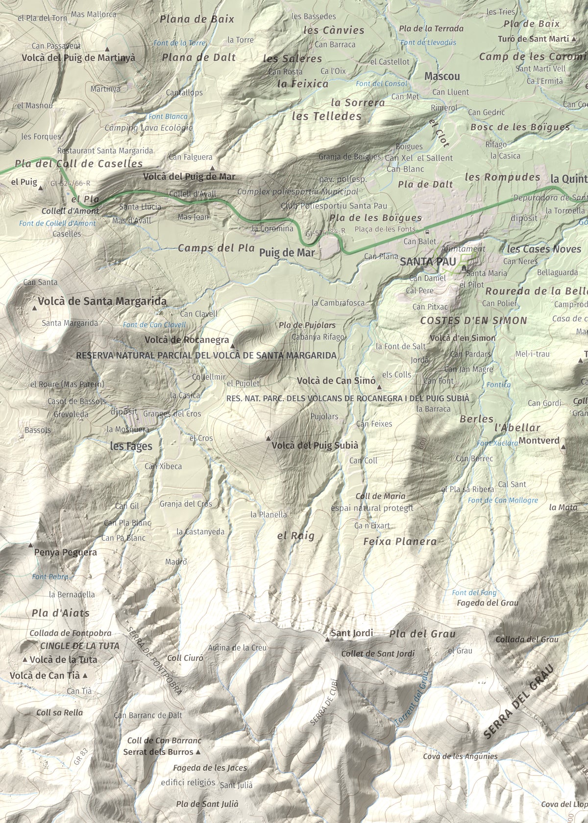 Mapa de relieve de Puigsallança, 1027 m, Garrotxa, lámina 100 Cims de Trobart. Detalle de la zona superior izquierda. 50 × 70 cm.