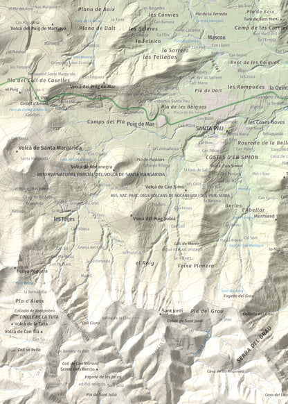 Mapa de relieve de Puigsallança, 1027 m, Garrotxa, lámina 100 Cims de Trobart. Detalle de la zona superior izquierda. 50 × 70 cm.