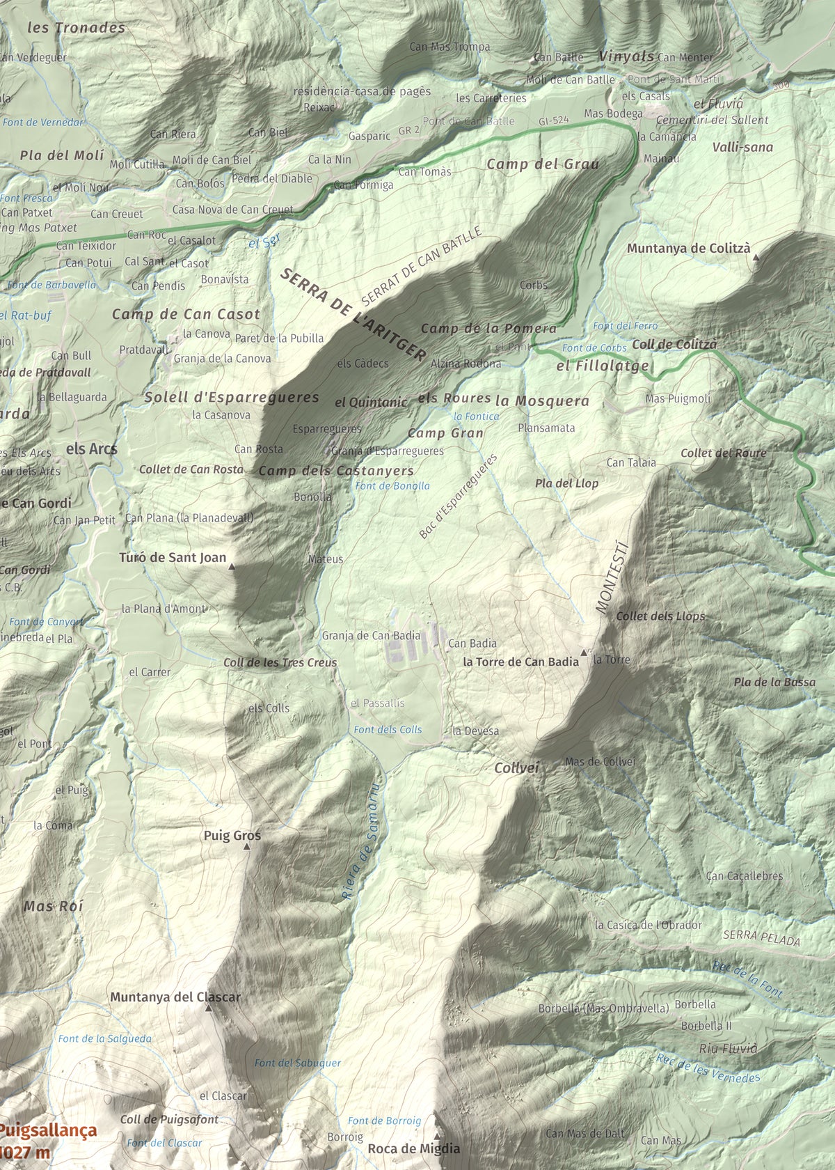 Mapa de relieve de Puigsallança, 1027 m, Garrotxa, lámina 100 Cims de Trobart. Detalle de la zona superior derecha. 50 × 70 cm.